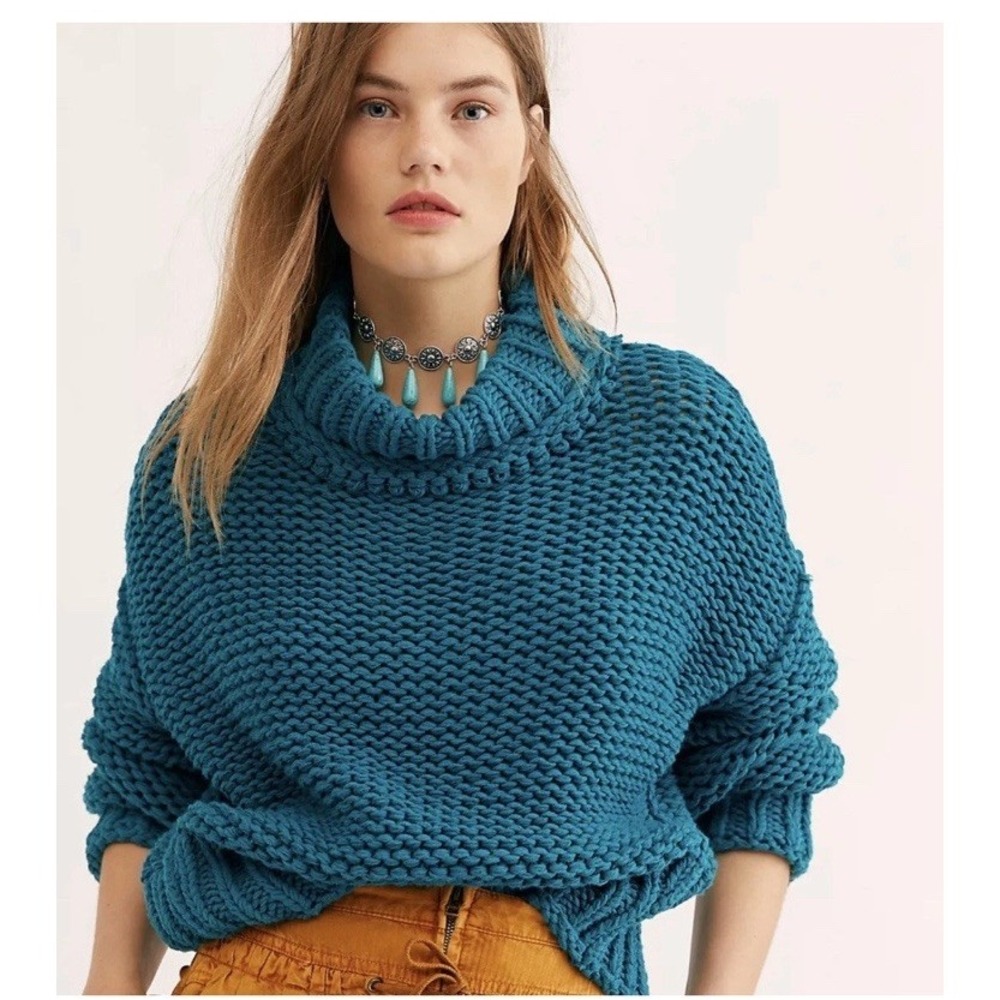 Free People Teal Off-the-Shoulder Sweater